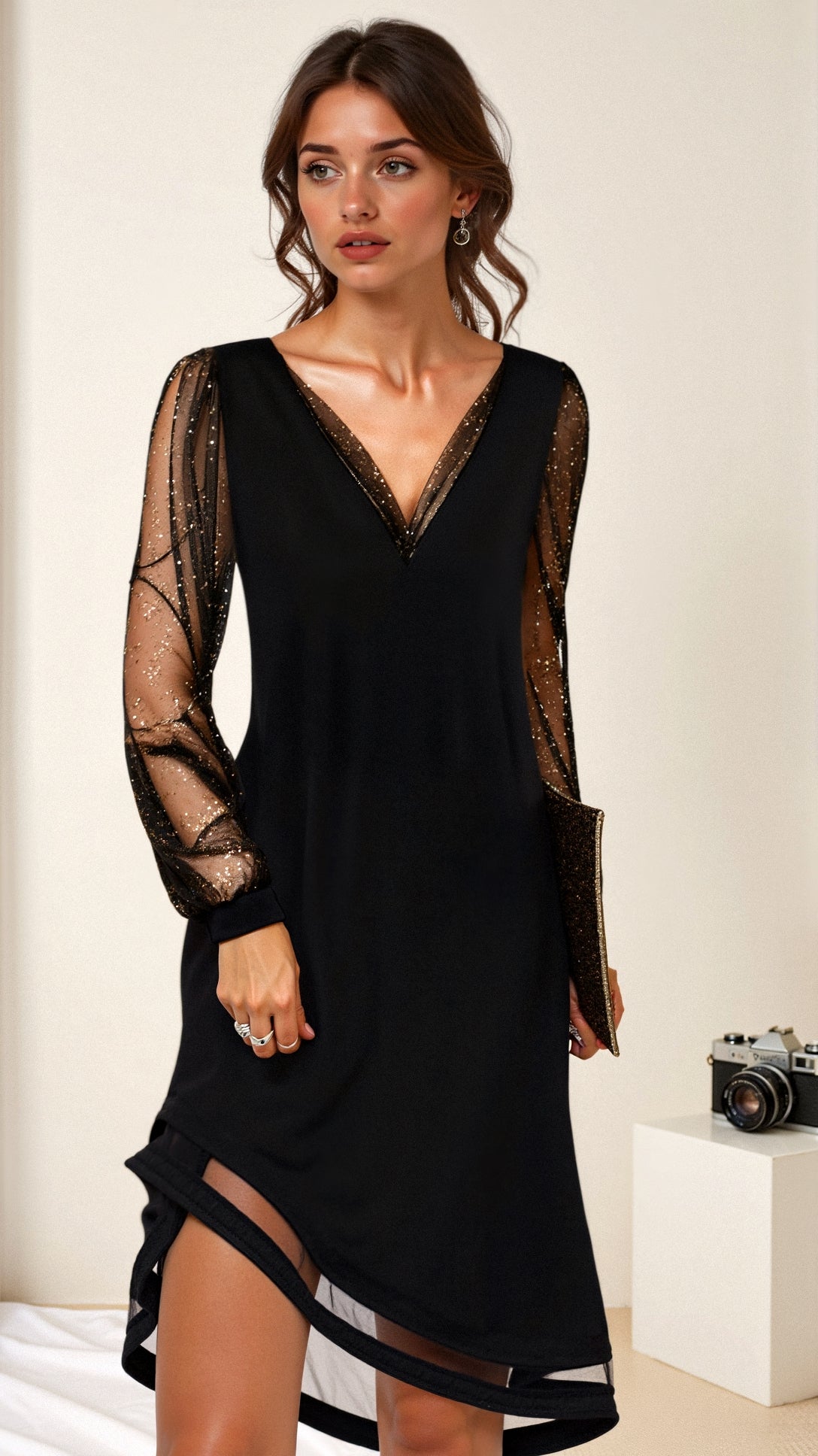 Abito da sera donna con maniche in glitter