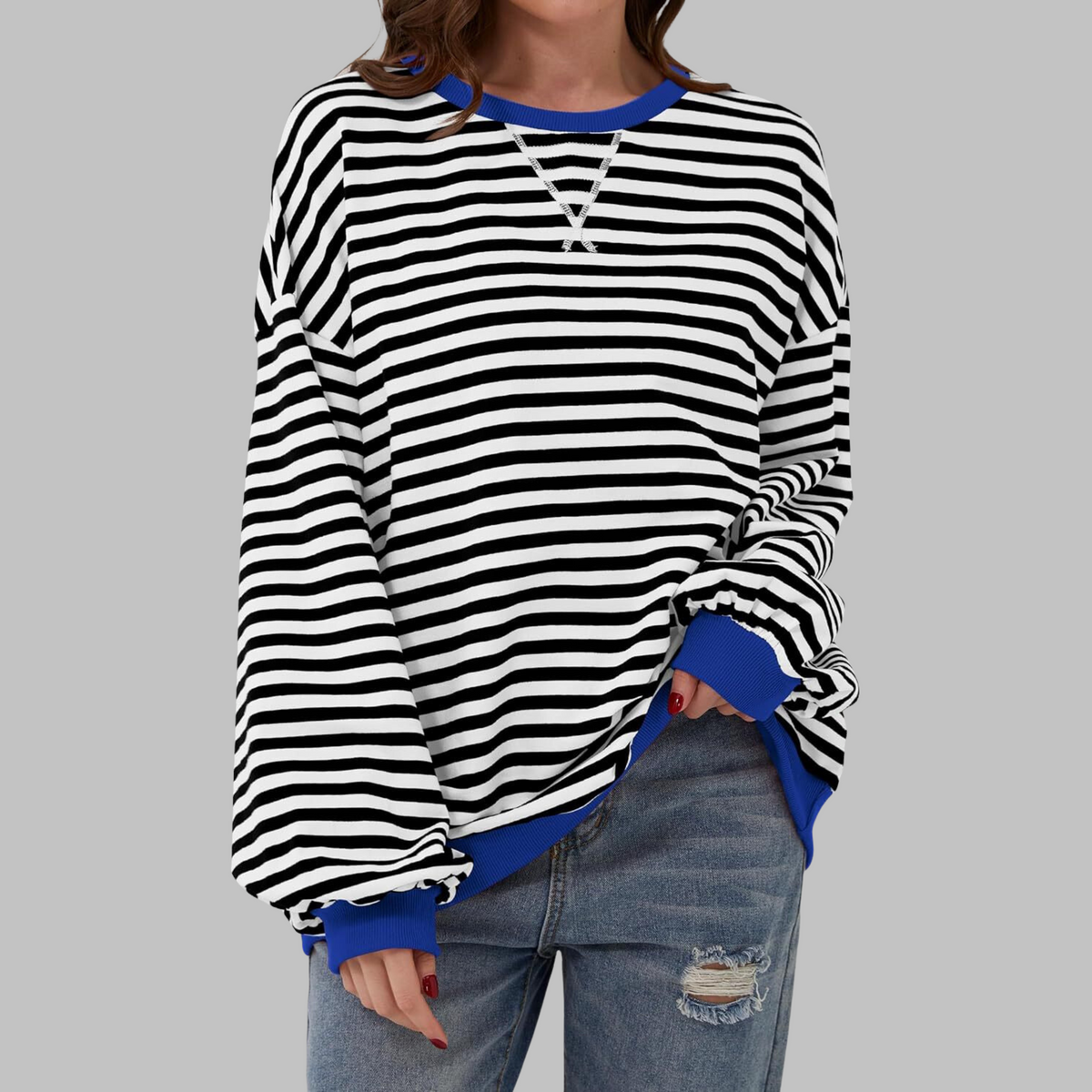 Felpa donna oversize a righe con bordi a contrasto