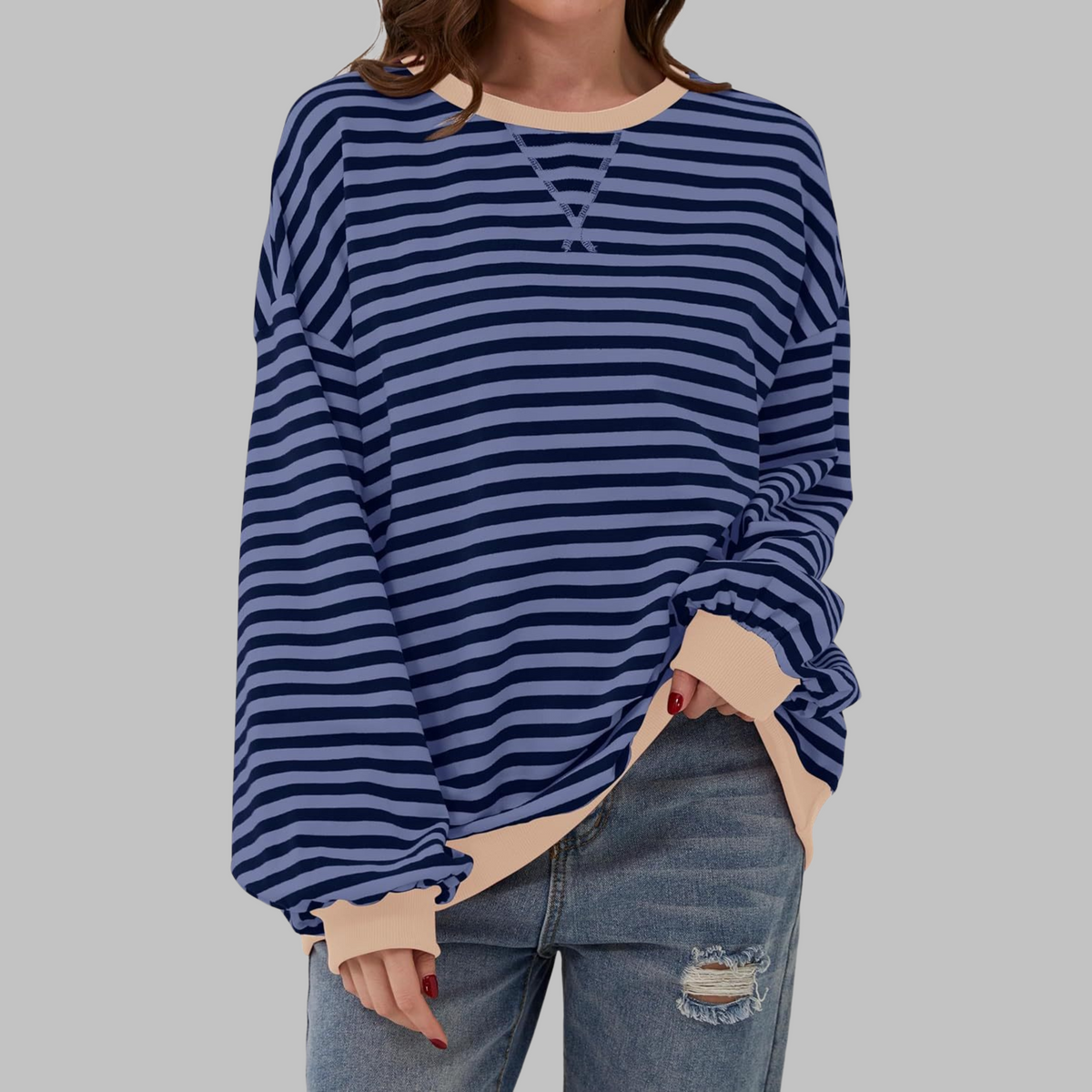 Felpa donna oversize a righe con bordi a contrasto