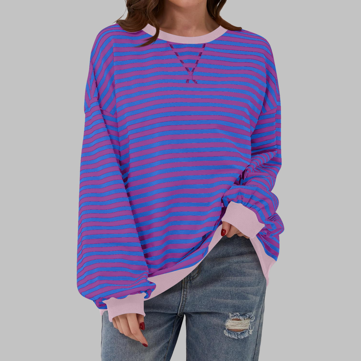 Felpa donna oversize a righe con bordi a contrasto