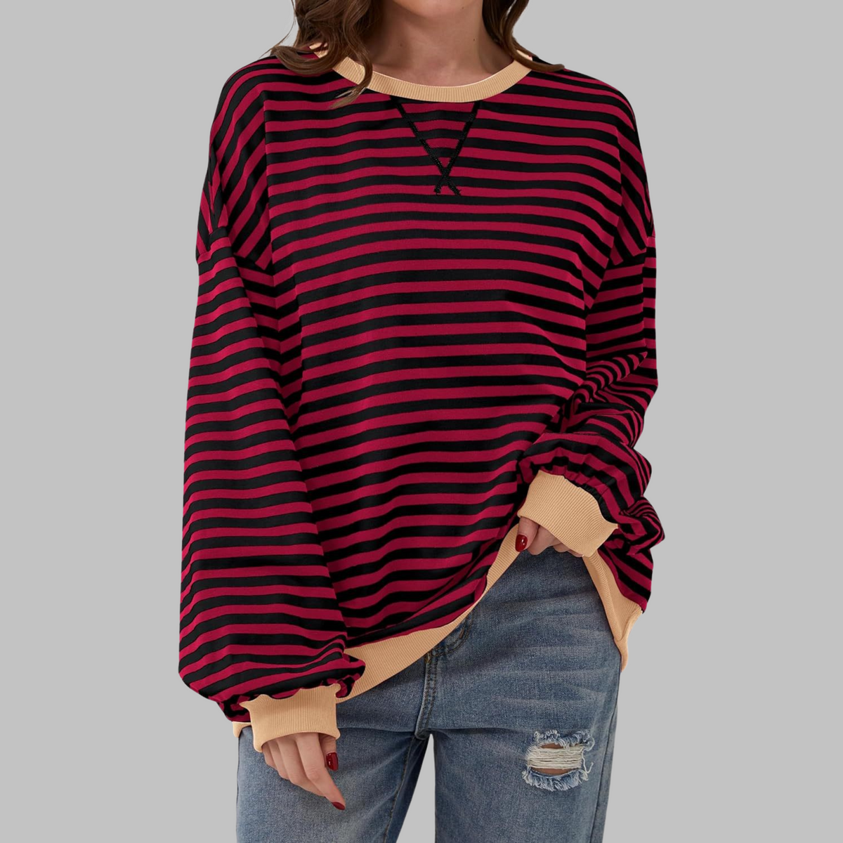 Felpa donna oversize a righe con bordi a contrasto