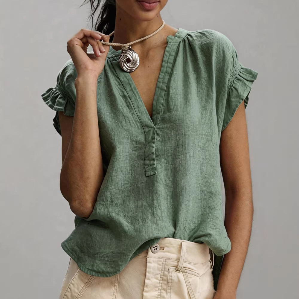 Blusa donna con scollo a V e maniche a volant