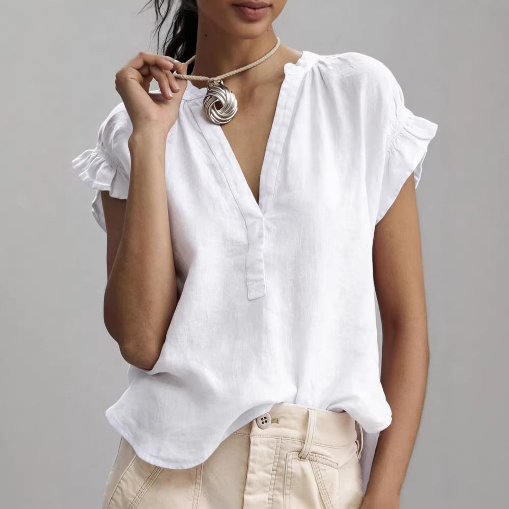 Blusa donna con scollo a V e maniche a volant