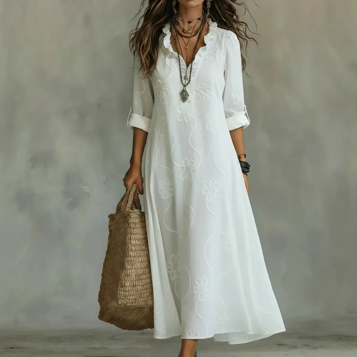 Abito maxi donna con ricamo floreale