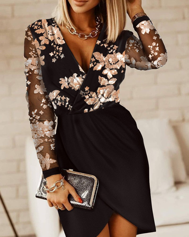 Abito a tubino donna con paillettes e scollo incrociato