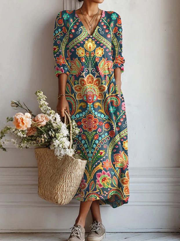 Margherita | Abito Midi Donna Boho Stampato con Scollo a V
