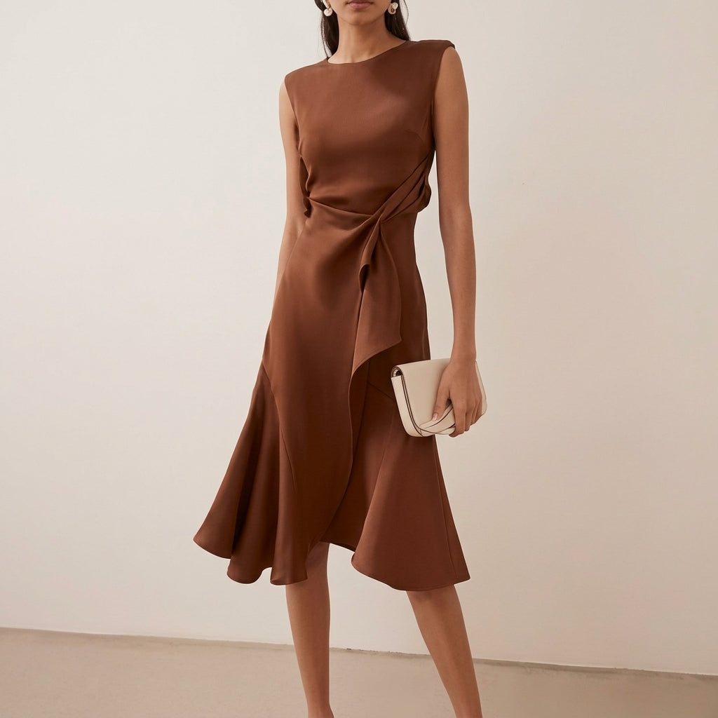 Abito midi donna con drappeggio e taglio asimmetrico