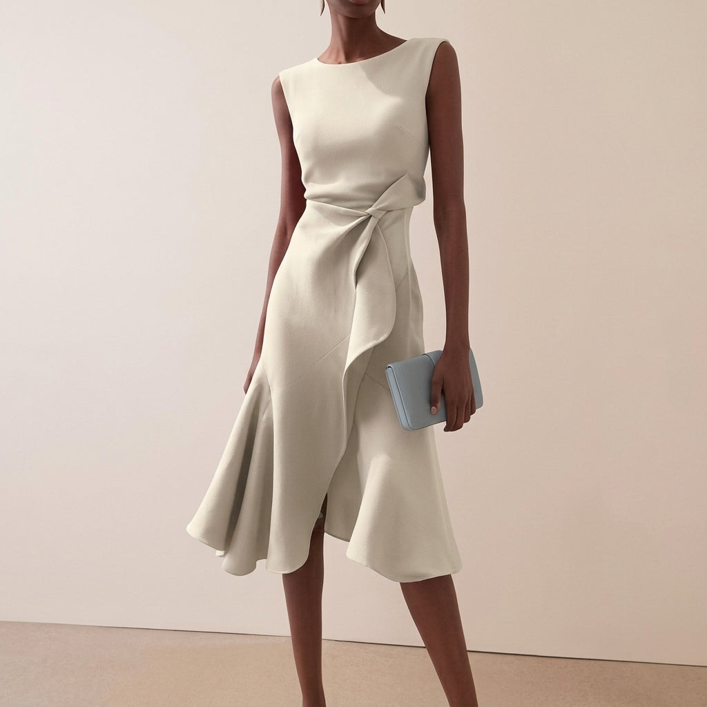 Abito midi donna con drappeggio e taglio asimmetrico