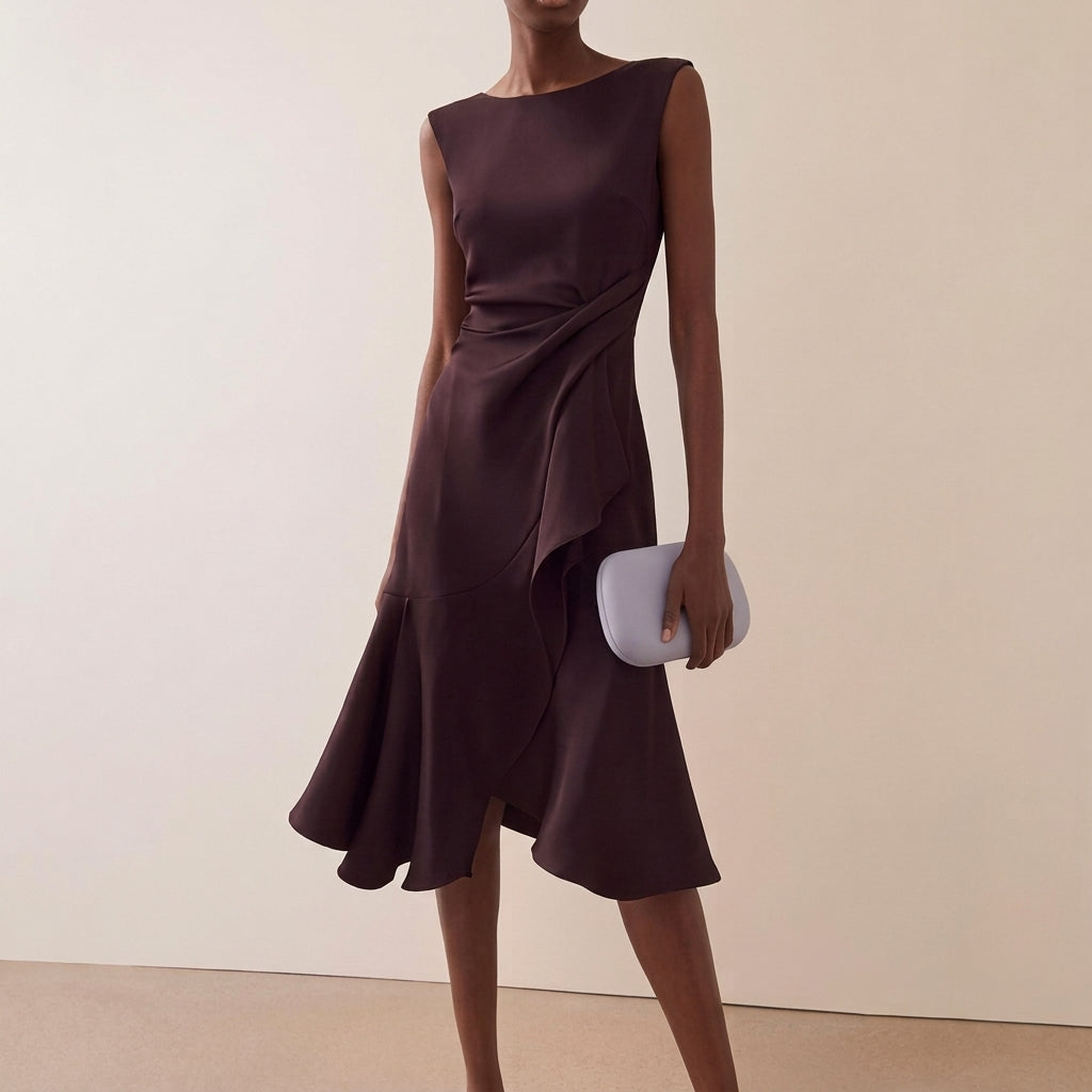 Abito midi donna con drappeggio e taglio asimmetrico