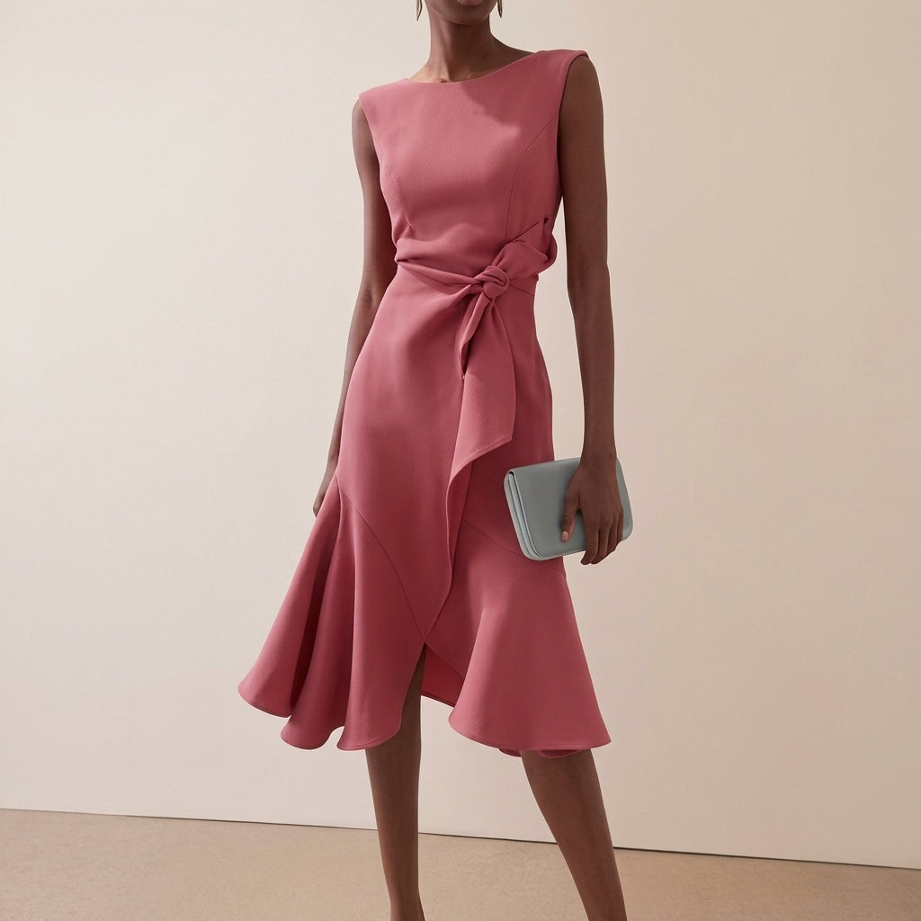 Abito midi donna con drappeggio e taglio asimmetrico