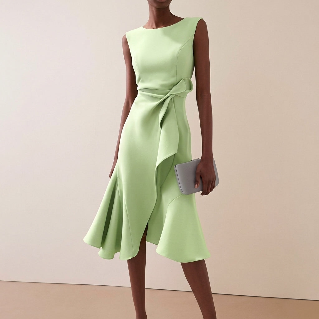 Abito midi donna con drappeggio e taglio asimmetrico