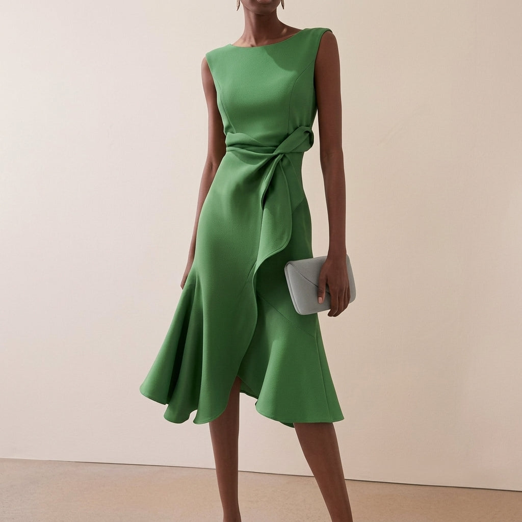 Abito midi donna con drappeggio e taglio asimmetrico