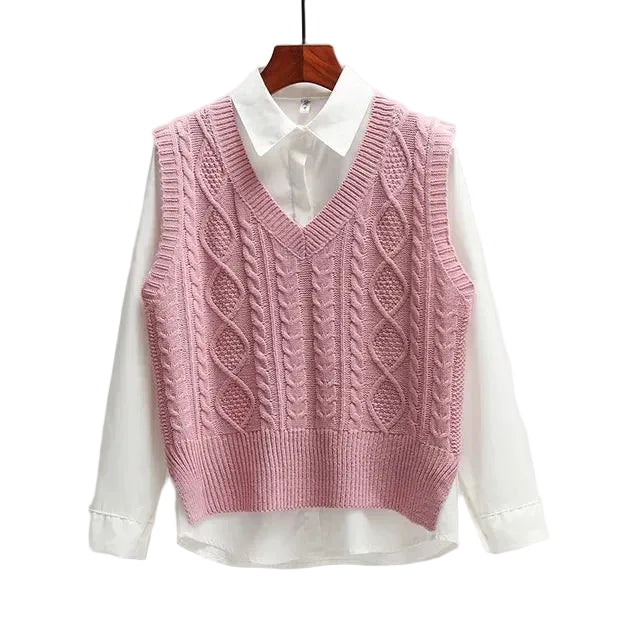 Maglione smanicato donna con scollo a V e trecce