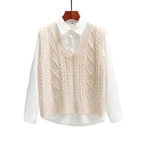 Maglione smanicato donna con scollo a V e trecce