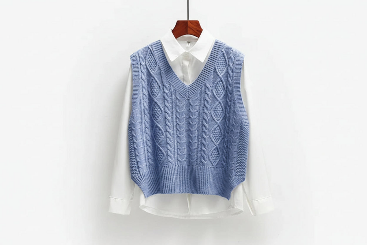 Maglione smanicato donna con scollo a V e trecce