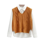 Maglione smanicato donna con scollo a V e trecce