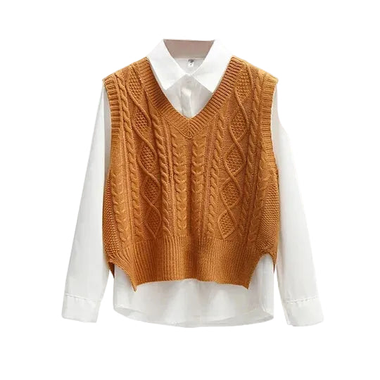 Maglione smanicato donna con scollo a V e trecce