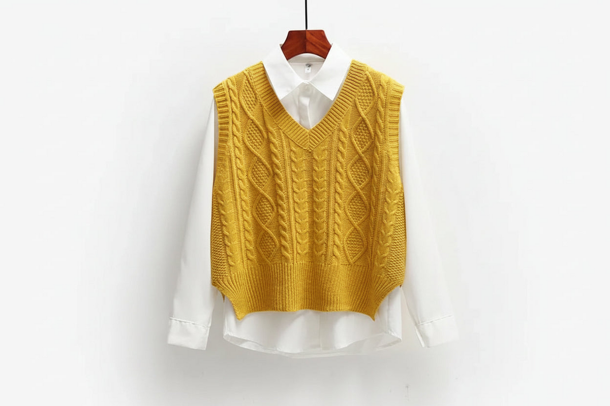 Maglione smanicato donna con scollo a V e trecce
