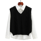 Maglione smanicato donna con scollo a V e trecce