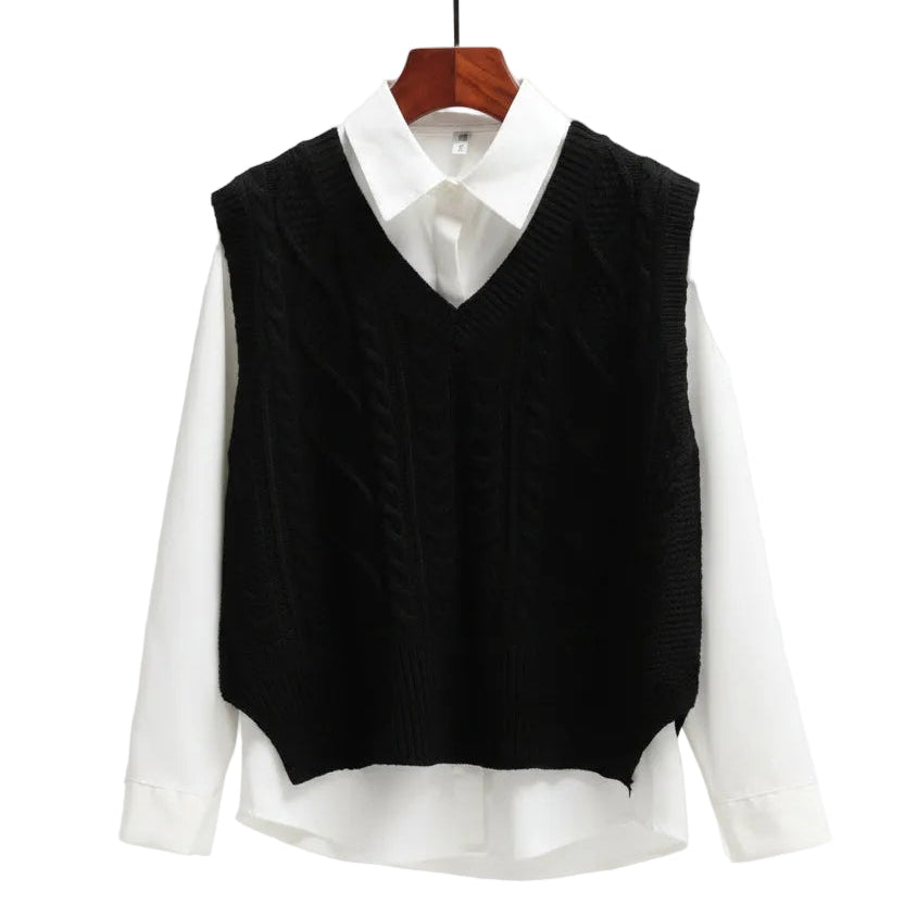 Maglione smanicato donna con scollo a V e trecce
