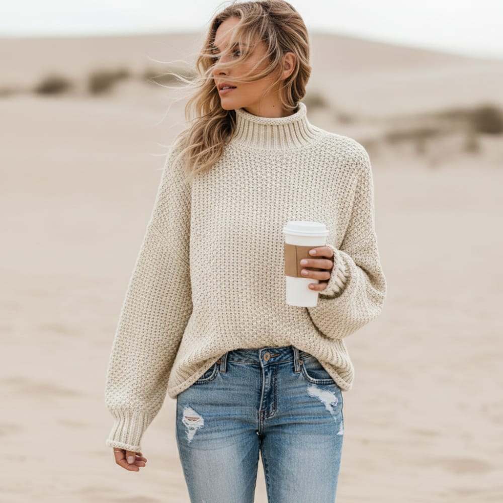 Maglione donna con collo a rialzo e spalle scese