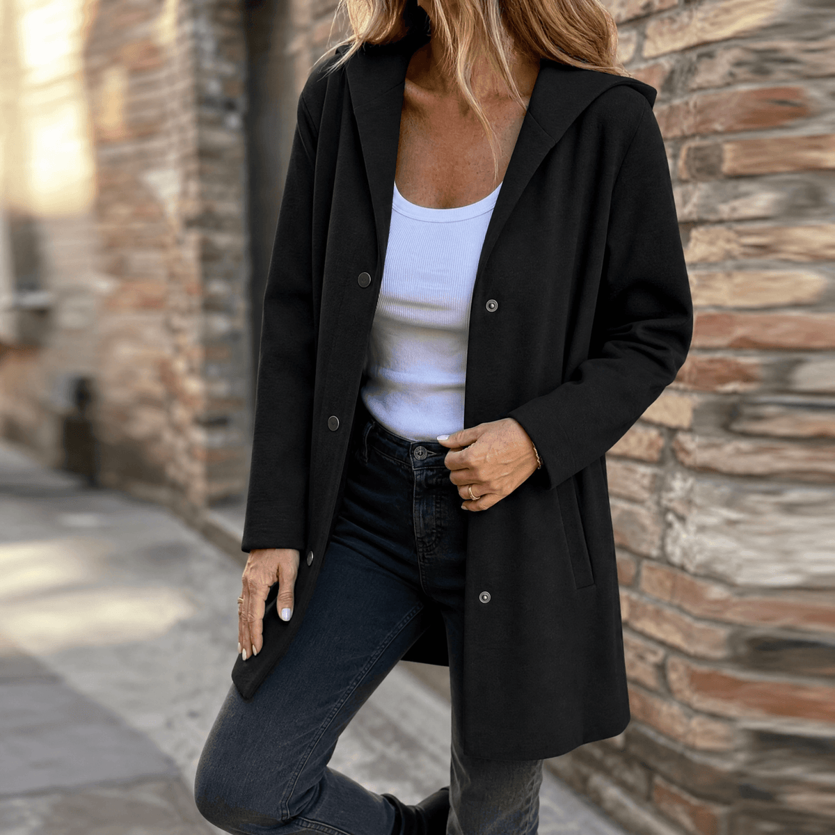 Cardigan donna lungo con cappuccio e bottoni