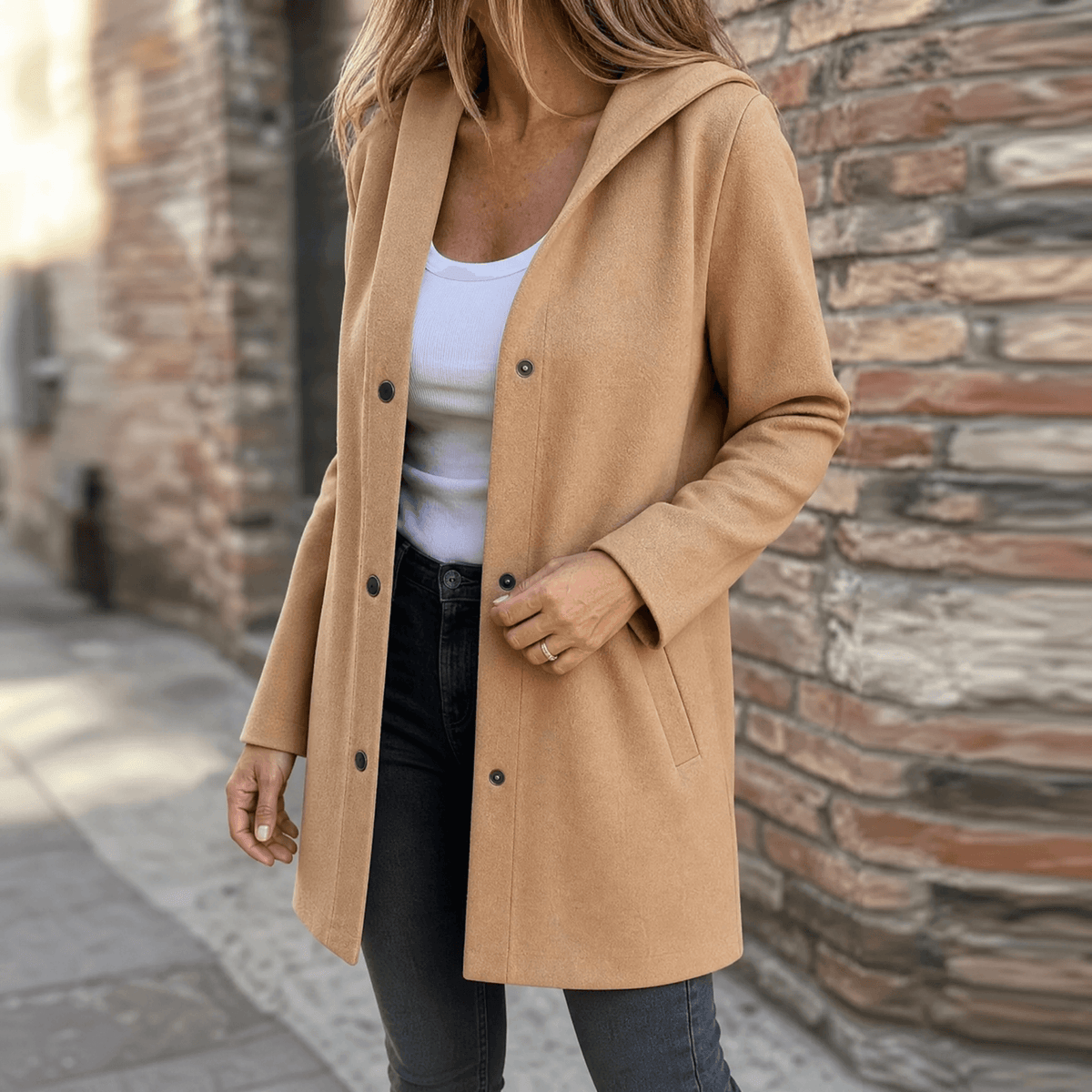 Cardigan donna lungo con cappuccio e bottoni