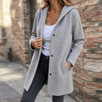 Cardigan donna lungo con cappuccio e bottoni