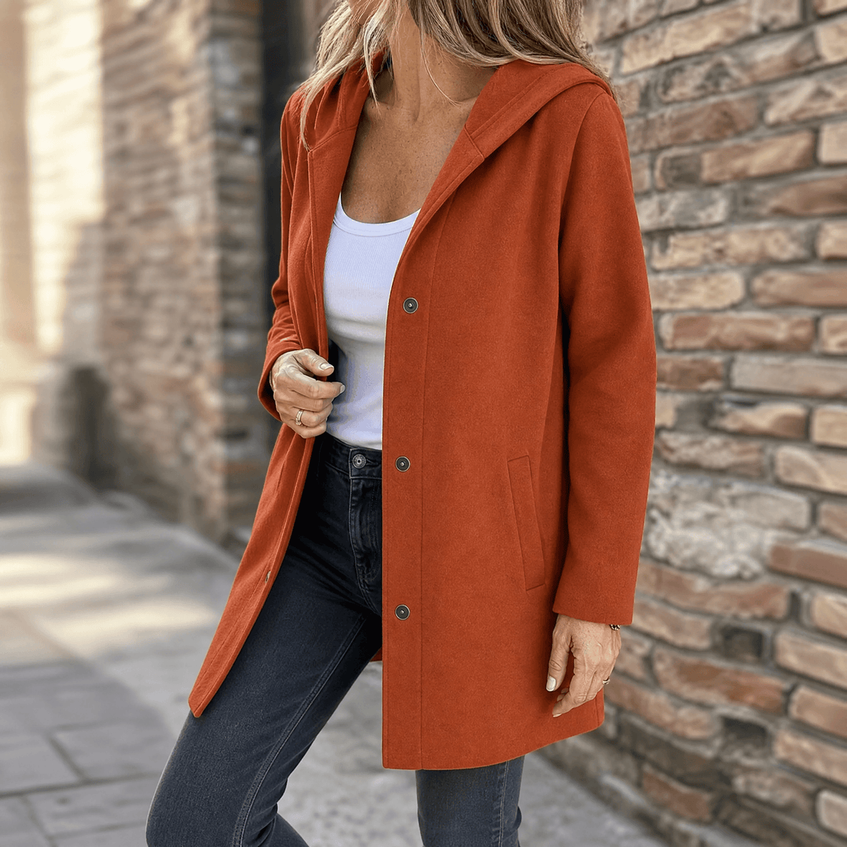 Cardigan donna lungo con cappuccio e bottoni