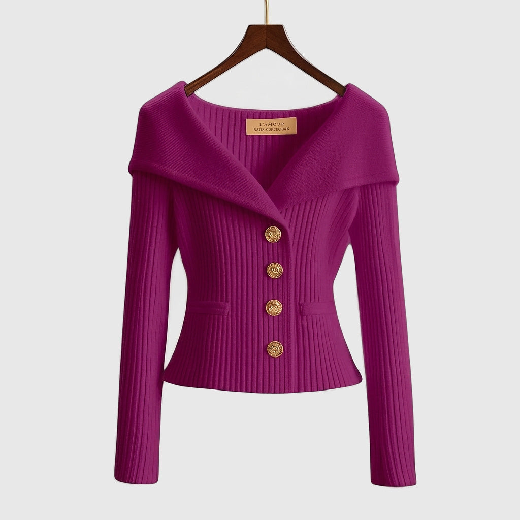 Cardigan donna a costine con collo a barchetta