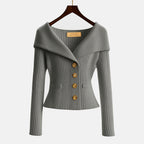Cardigan donna a costine con collo a barchetta