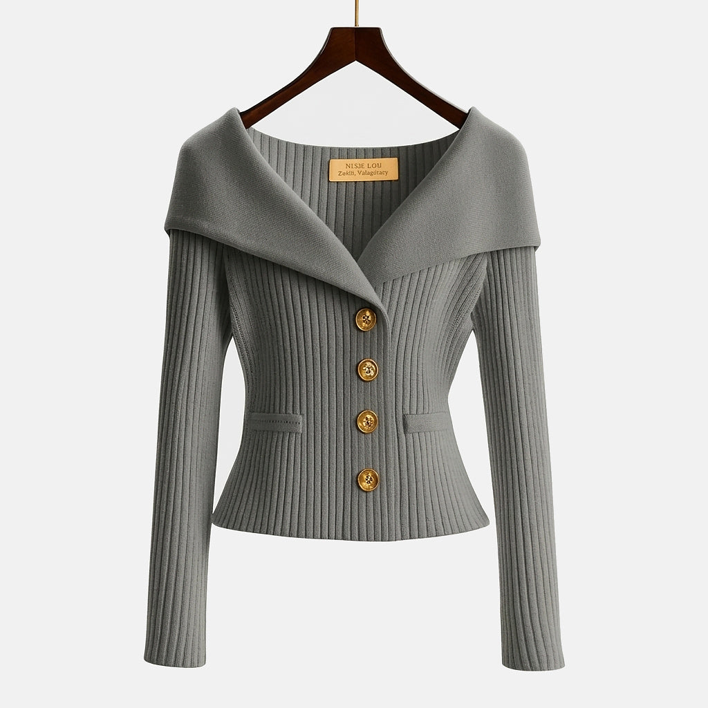 Cardigan donna a costine con collo a barchetta