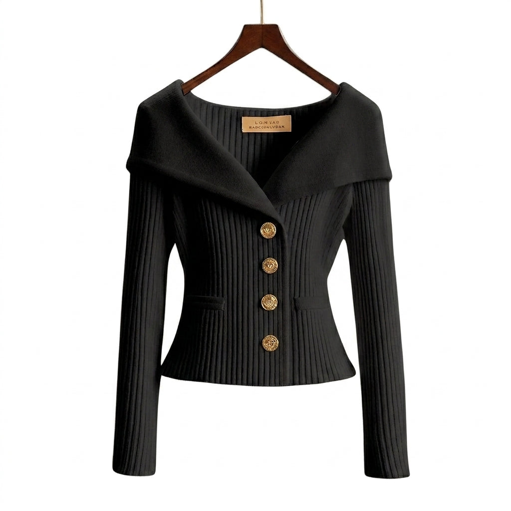 Cardigan donna a costine con collo a barchetta