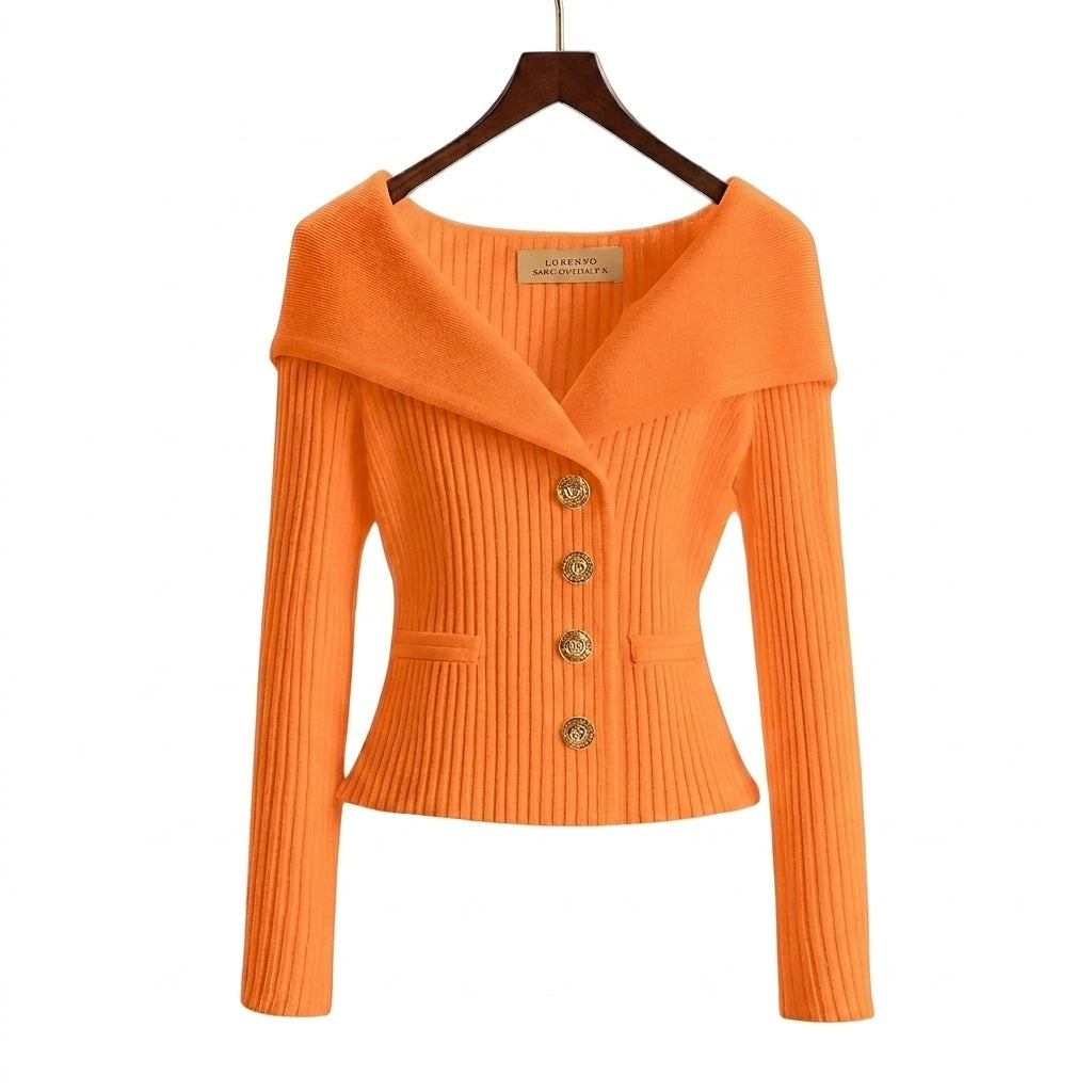 Cardigan donna a costine con collo a barchetta
