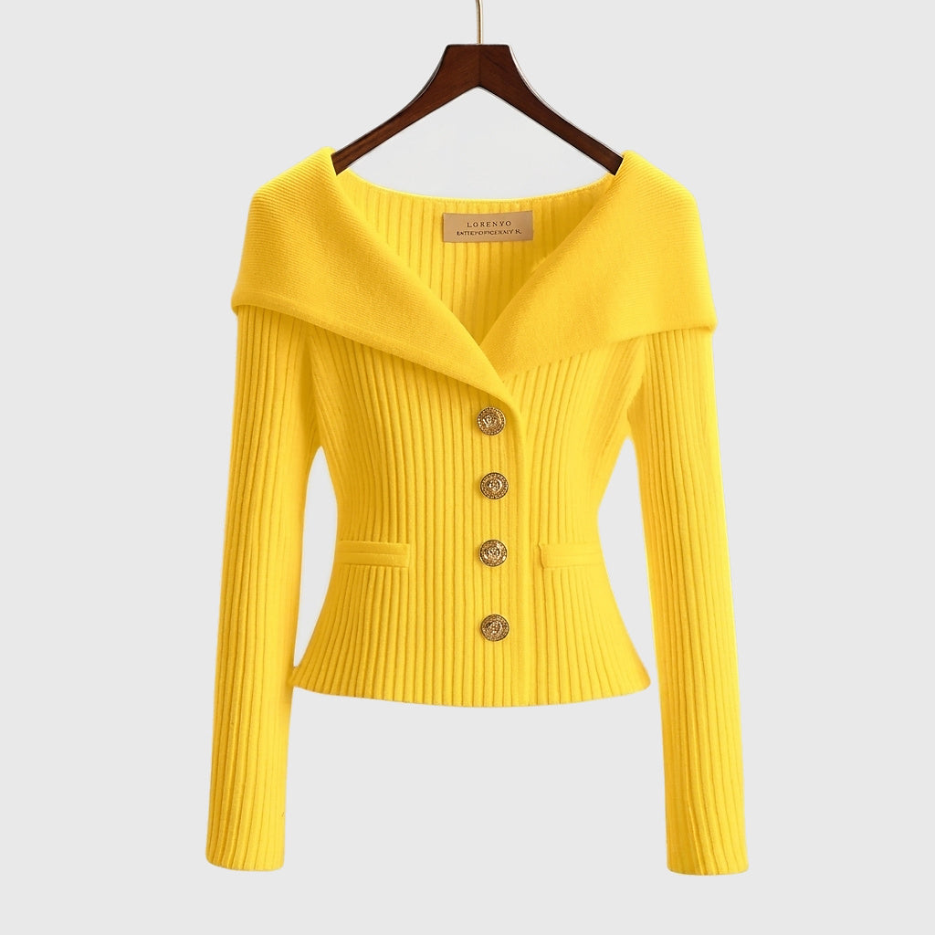 Cardigan donna a costine con collo a barchetta