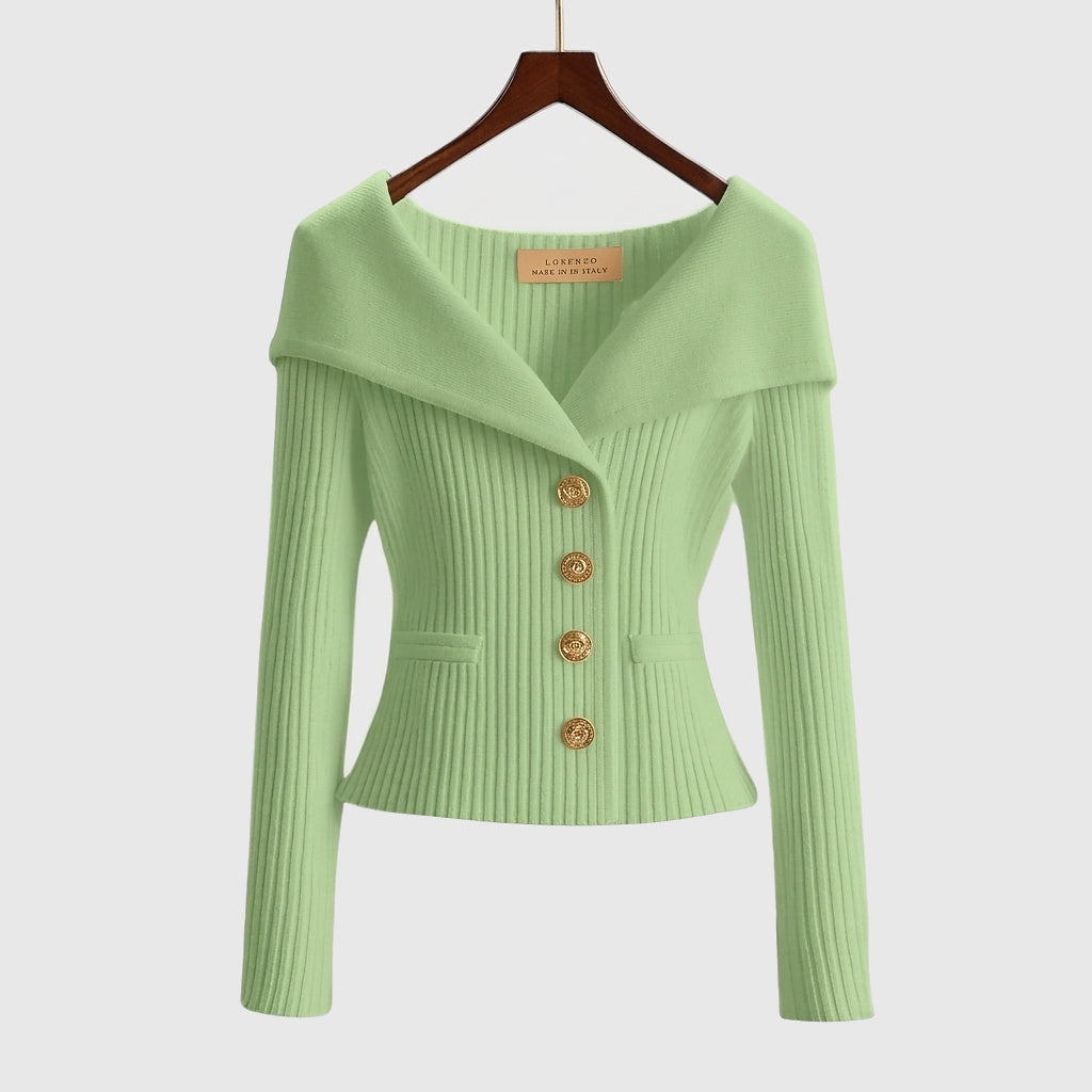 Cardigan donna a costine con collo a barchetta