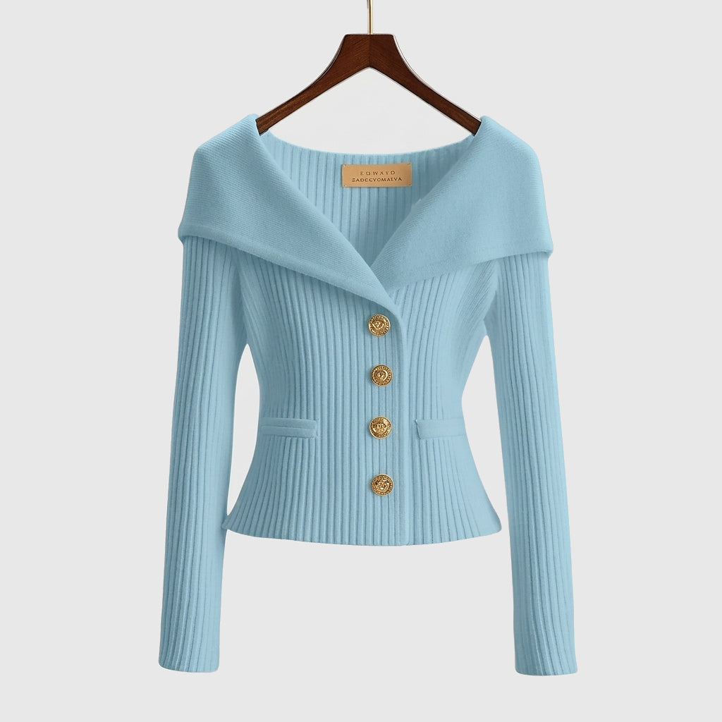 Cardigan donna a costine con collo a barchetta