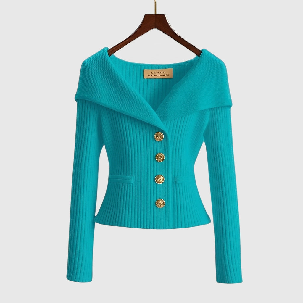 Cardigan donna a costine con collo a barchetta