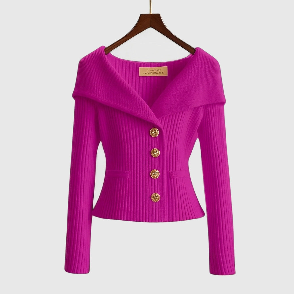 Cardigan donna a costine con collo a barchetta