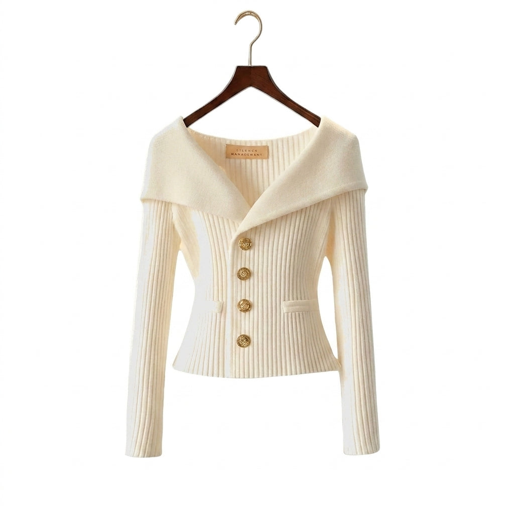 Cardigan donna a costine con collo a barchetta