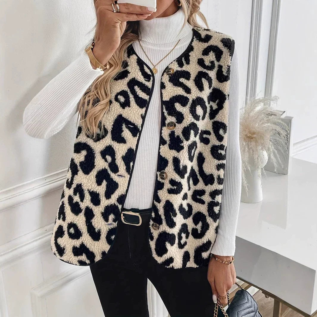 Gilet donna con fantasia leopardata e abbottonatura