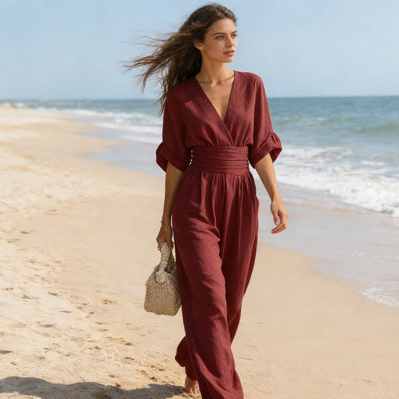 Veronica | Tuta Donna con Scollo a V e Pantaloni Larghi