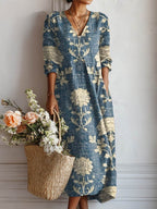 Margherita | Abito Midi Donna Boho Stampato con Scollo a V