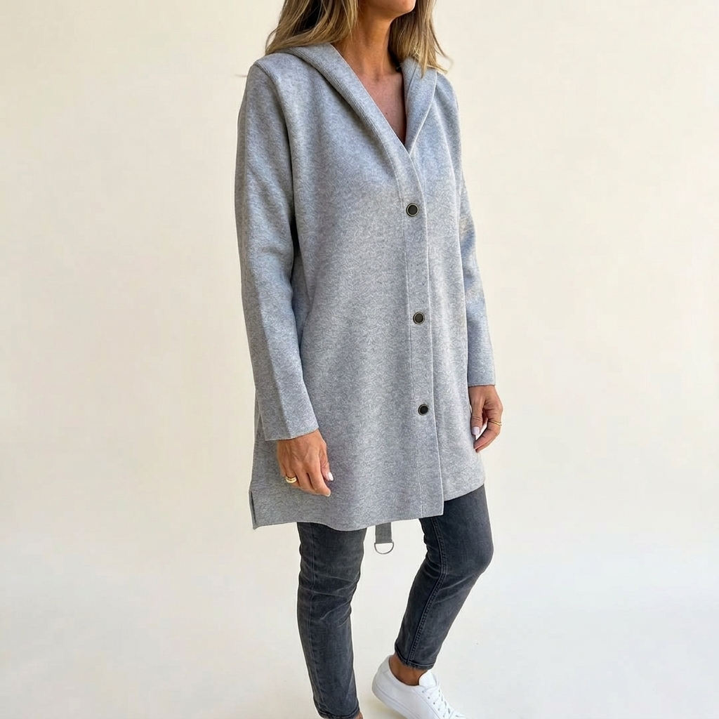 Cardigan donna lungo con cappuccio e bottoni