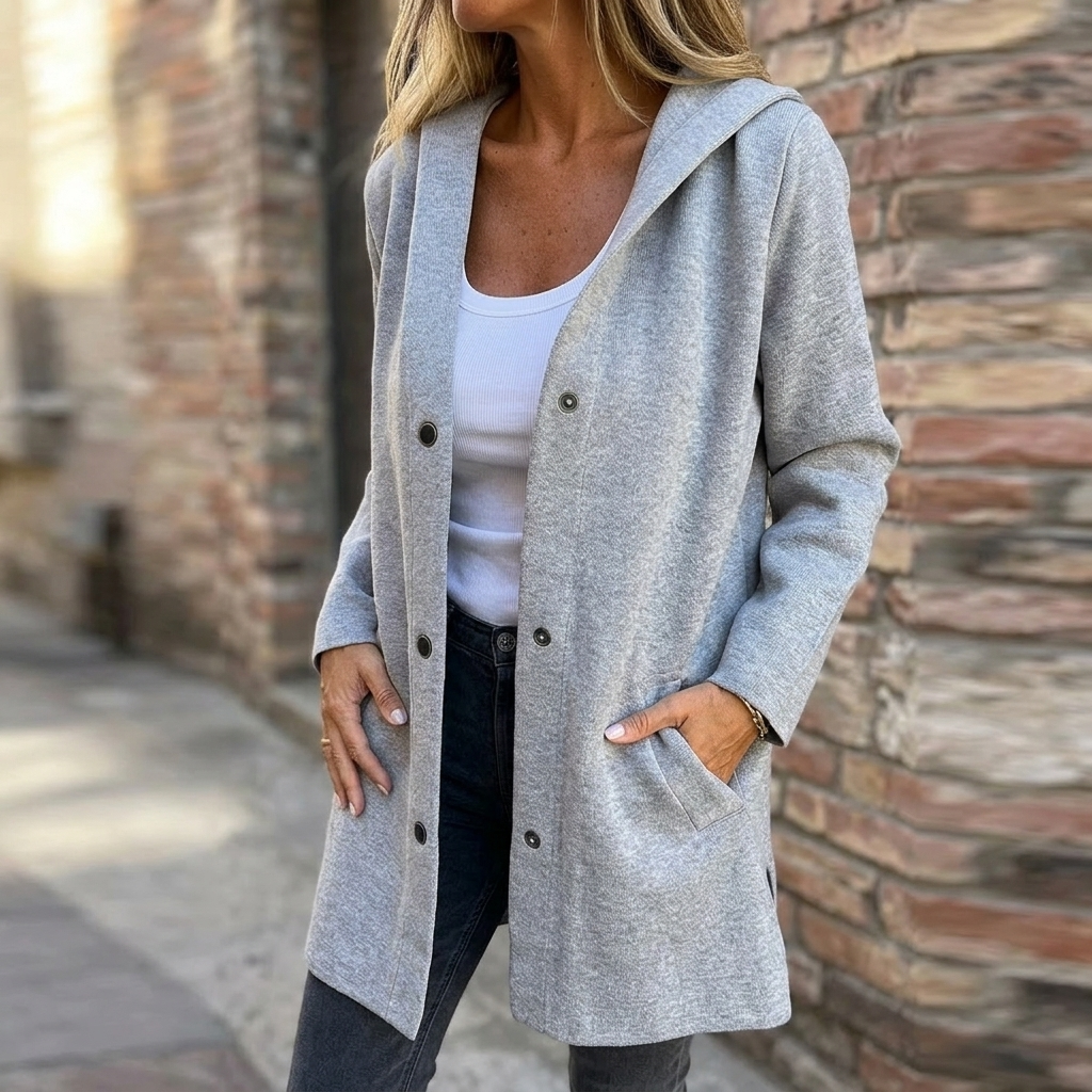 Cardigan donna lungo con cappuccio e bottoni