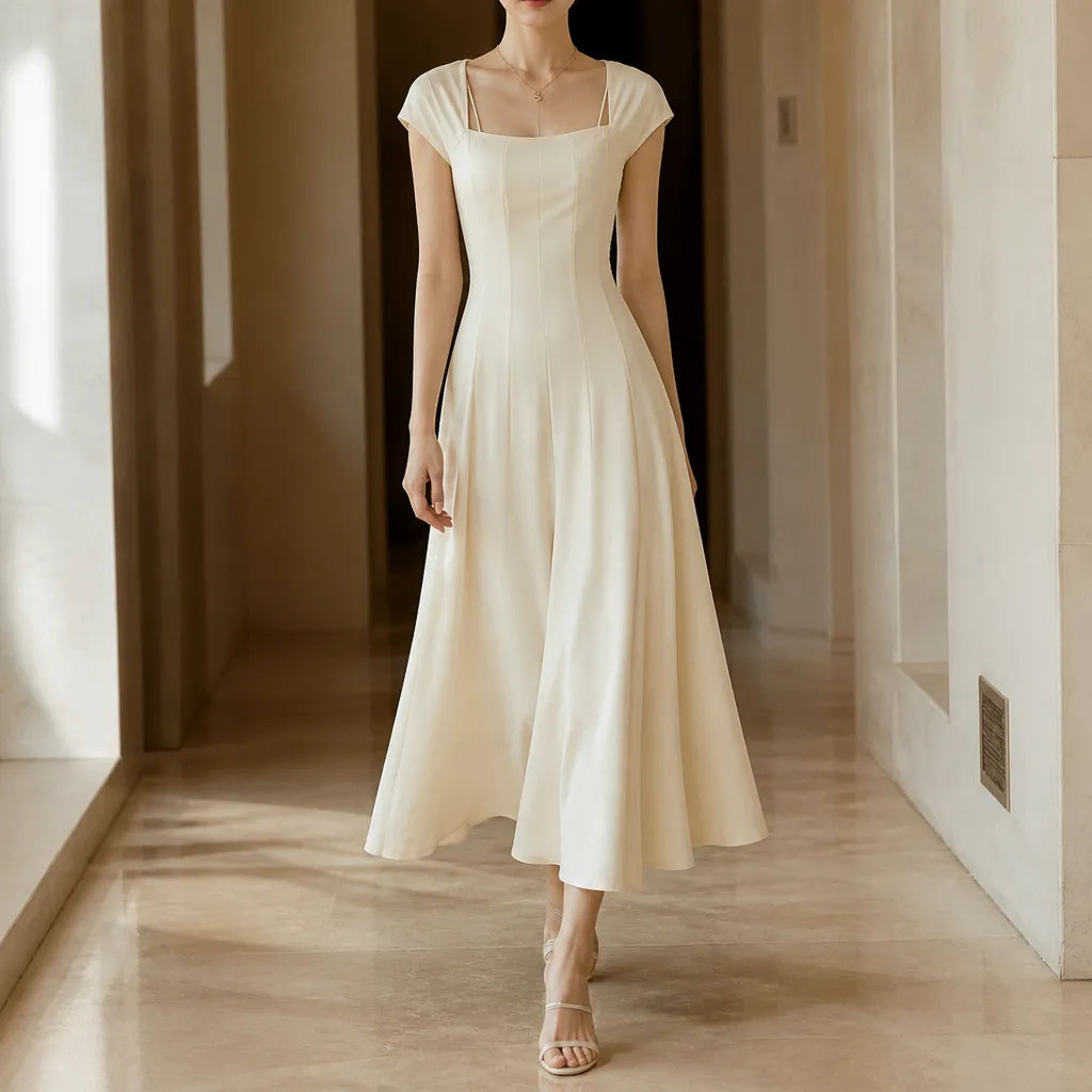 Abito midi donna con scollo quadrato