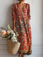 Margherita | Abito Midi Donna Boho Stampato con Scollo a V
