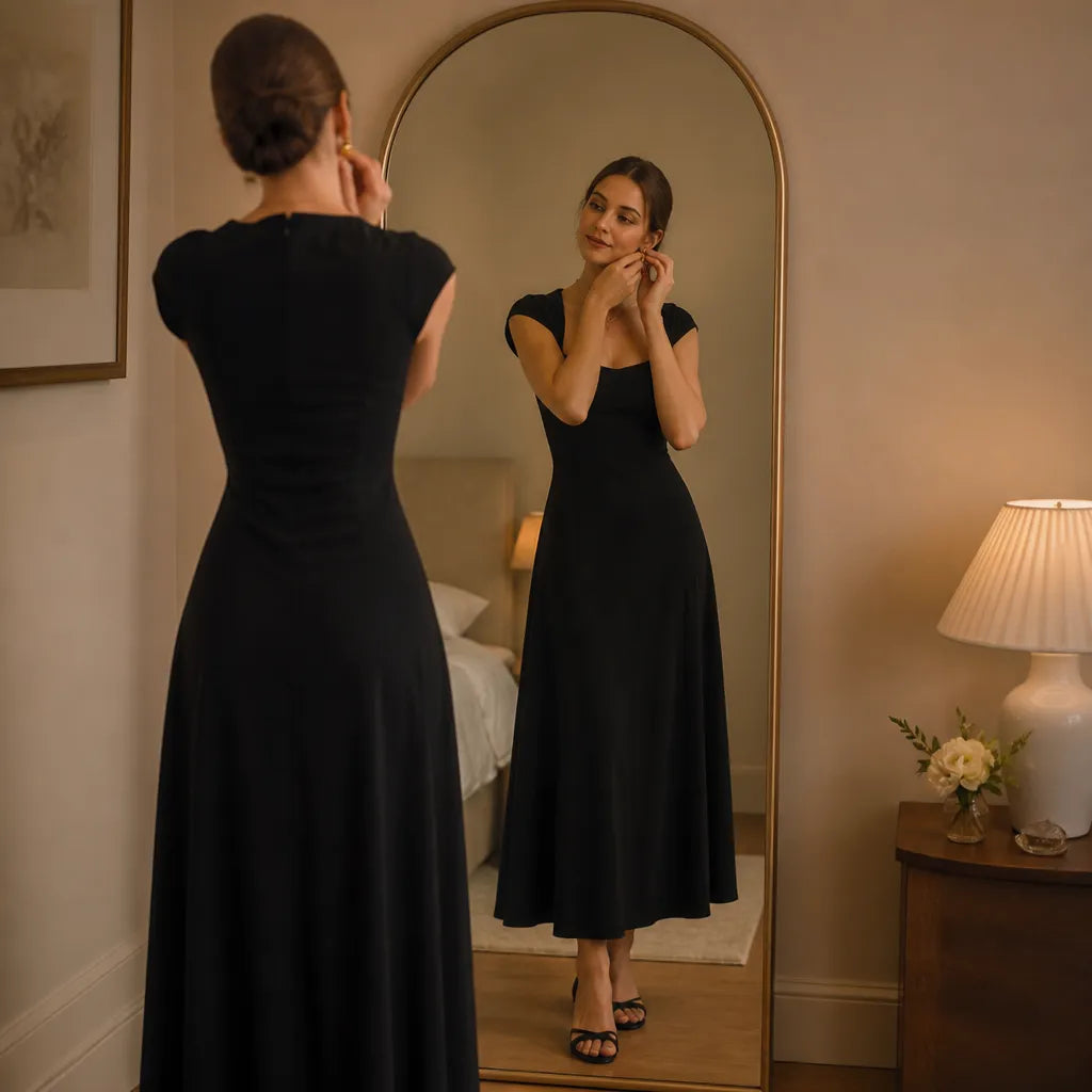 Abito midi donna con scollo quadrato