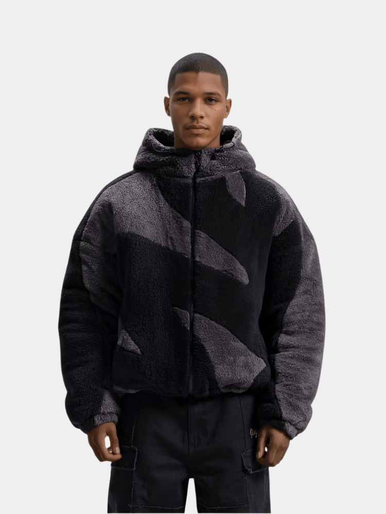 Giacca in pile uomo con cappuccio e motivo bicolore