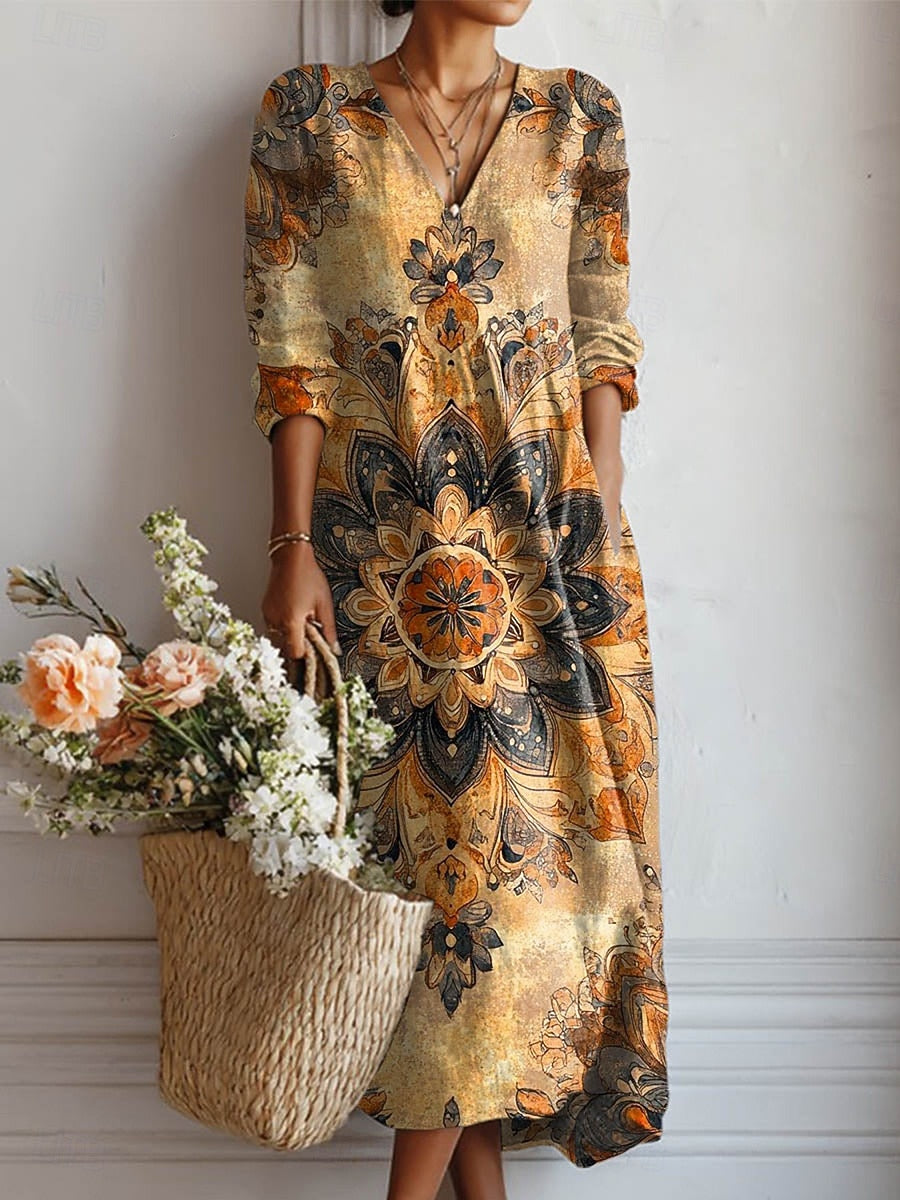 Margherita | Abito Midi Donna Boho Stampato con Scollo a V